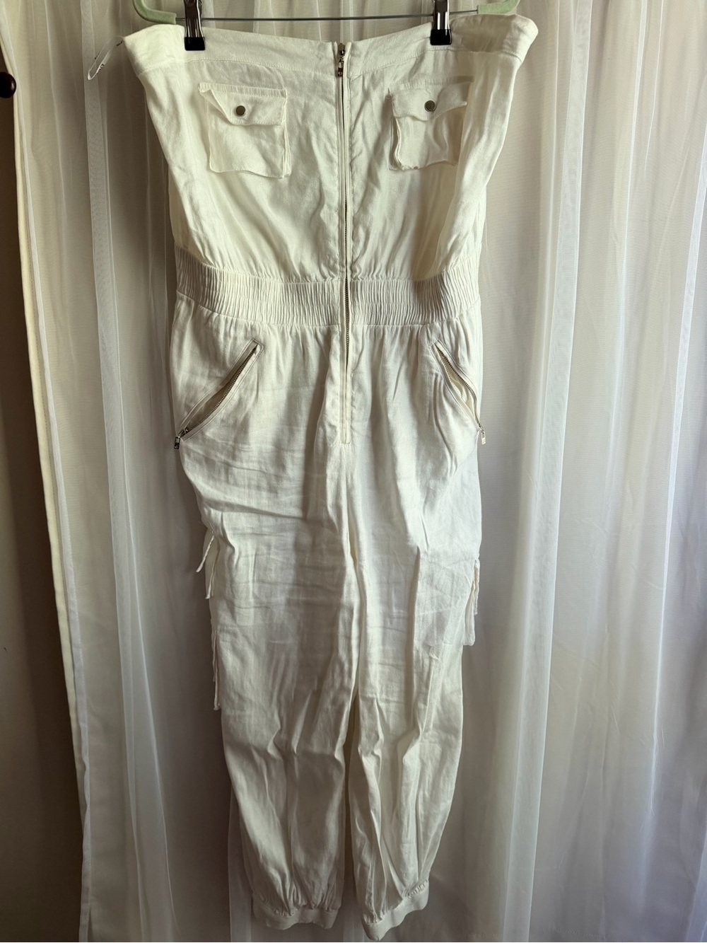 Bebe White Strapless Cargo Jumpsuit linen zipper details Jersey shore vibe